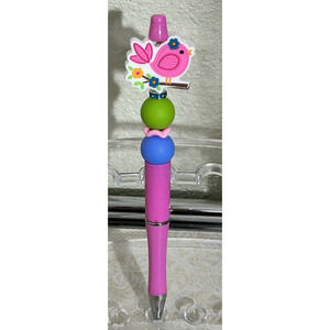 Custom Beaded Pen Pink Bird Flowers Spring Gift Handmade Unique Colorful